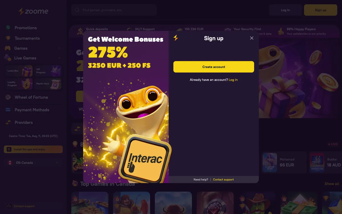 Zoome Casino — «Регистрация», снято из страны Южно-Африканская Республика