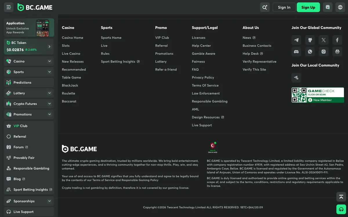 BC.Game Casino — Home page, captured from New Zealand