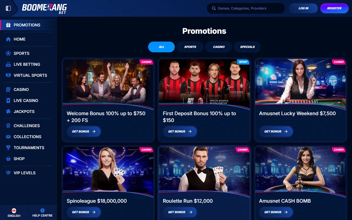 Boomerang-bet Casino — Promotions, captured from Canada