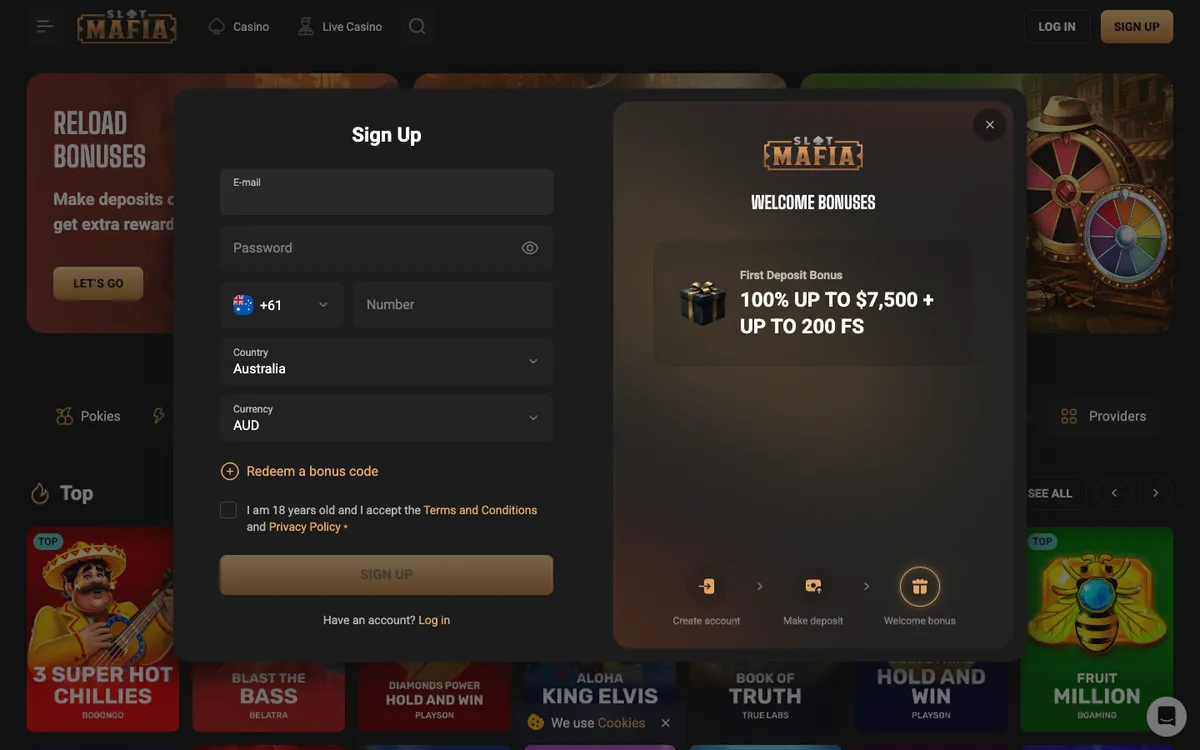 Slot Mafia Casino — Sign-up, captured from Australia