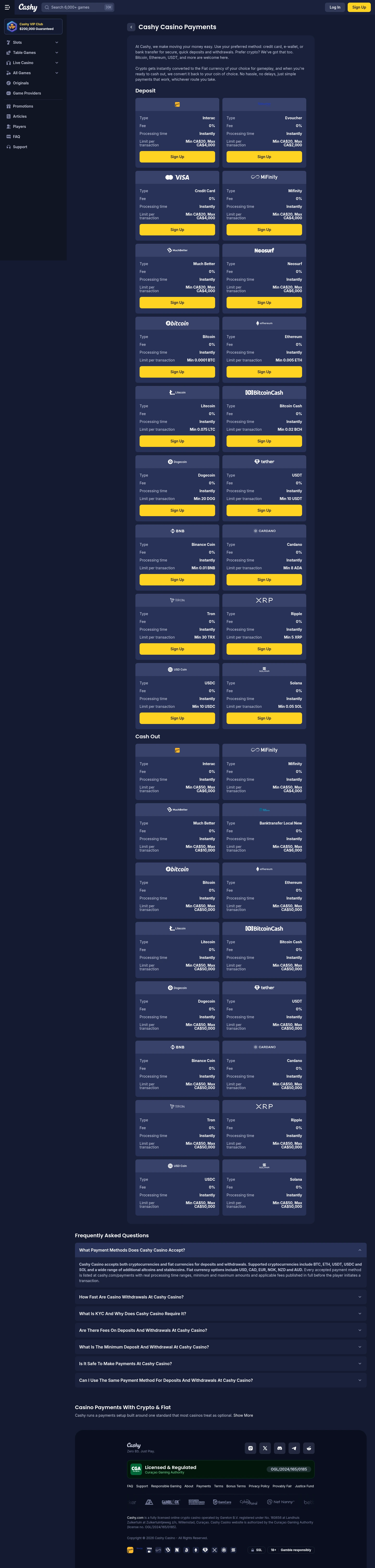 Cashy Casino — Payments, captured from Canada