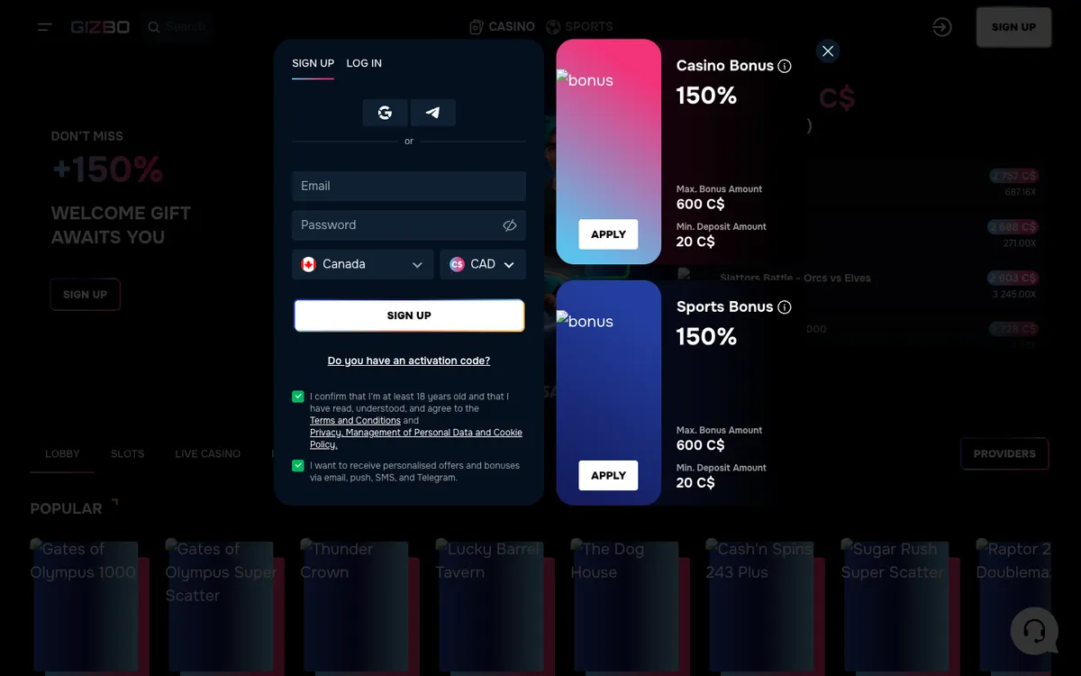 Gizbo Casino — Home page, captured from Canada