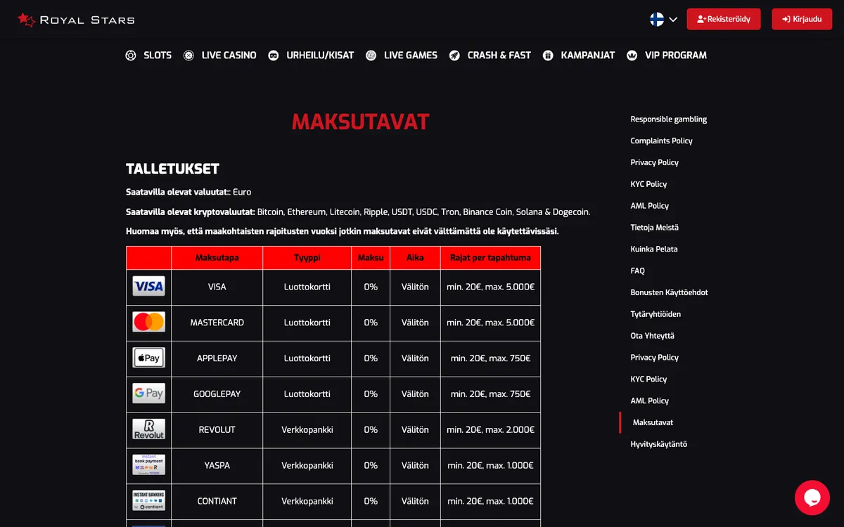 Royal Stars Casino — Payments, captured from Finland