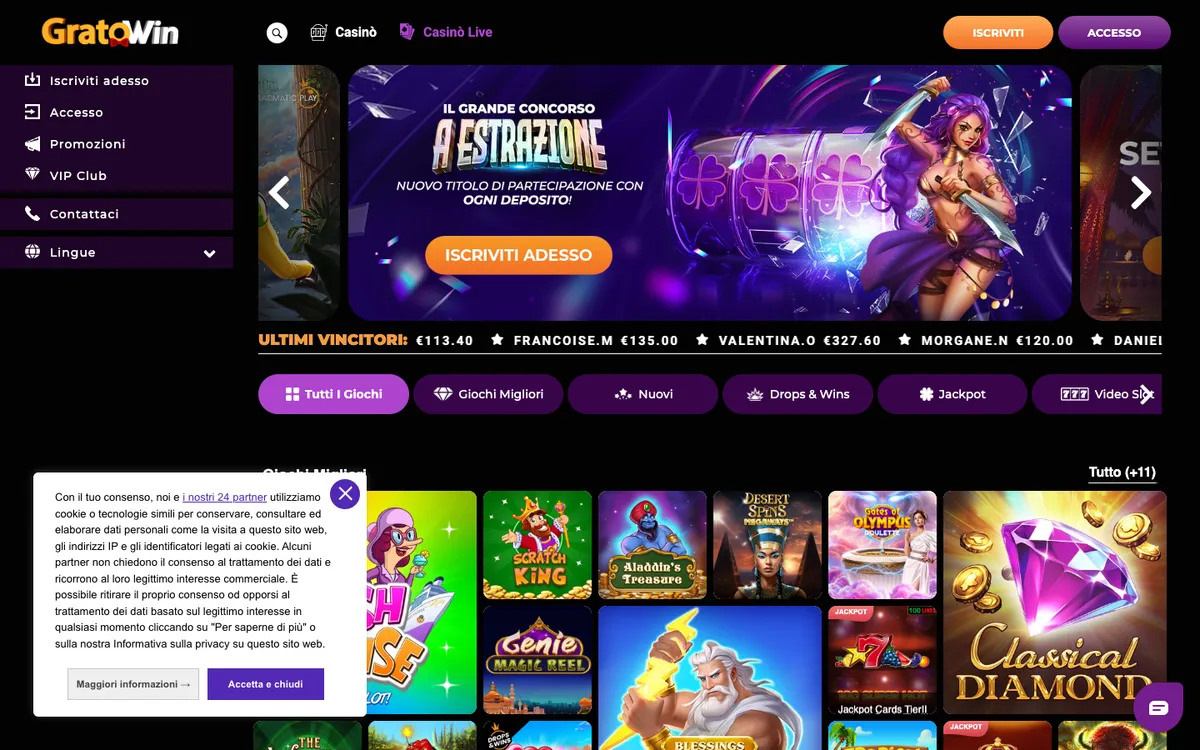 GratoWin Casino — Home page, captured from Italy