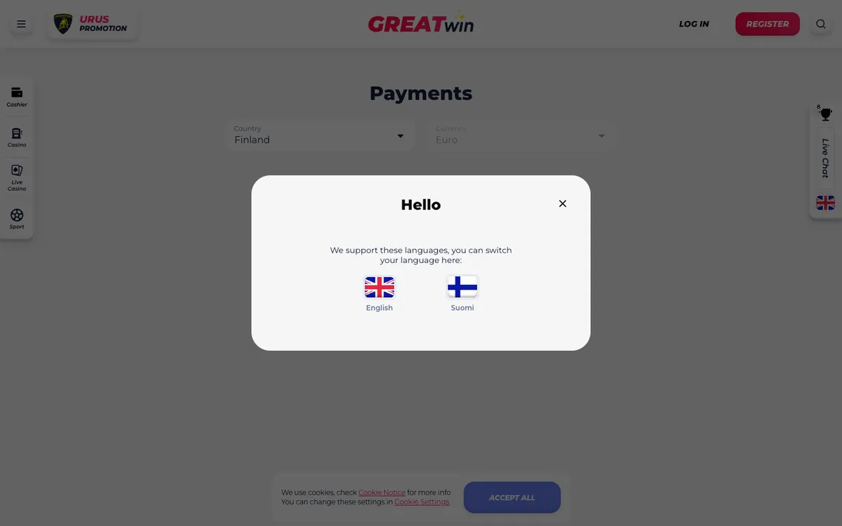 GreatWin Casino — «Платежи», снято из страны Финляндия
