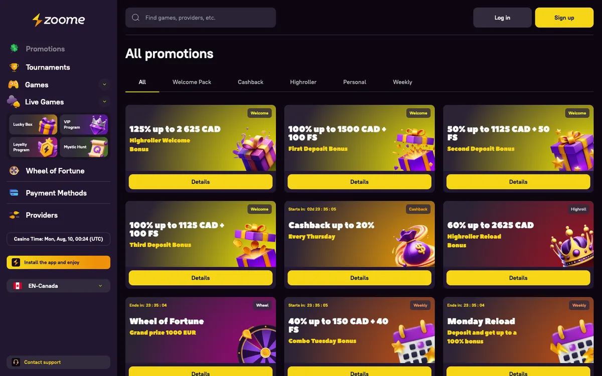 Zoome Casino — Promotions, captured from Canada