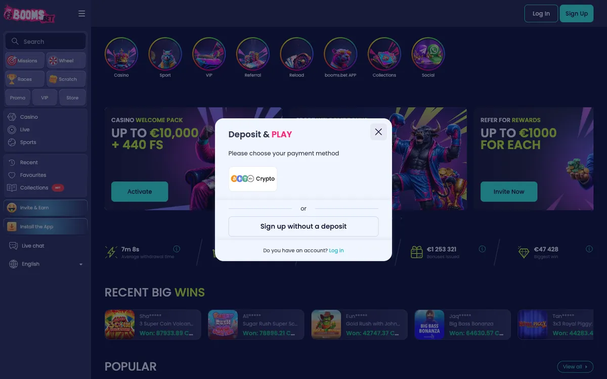 BoomsBet Casino — «Главная», снято из страны Швейцария