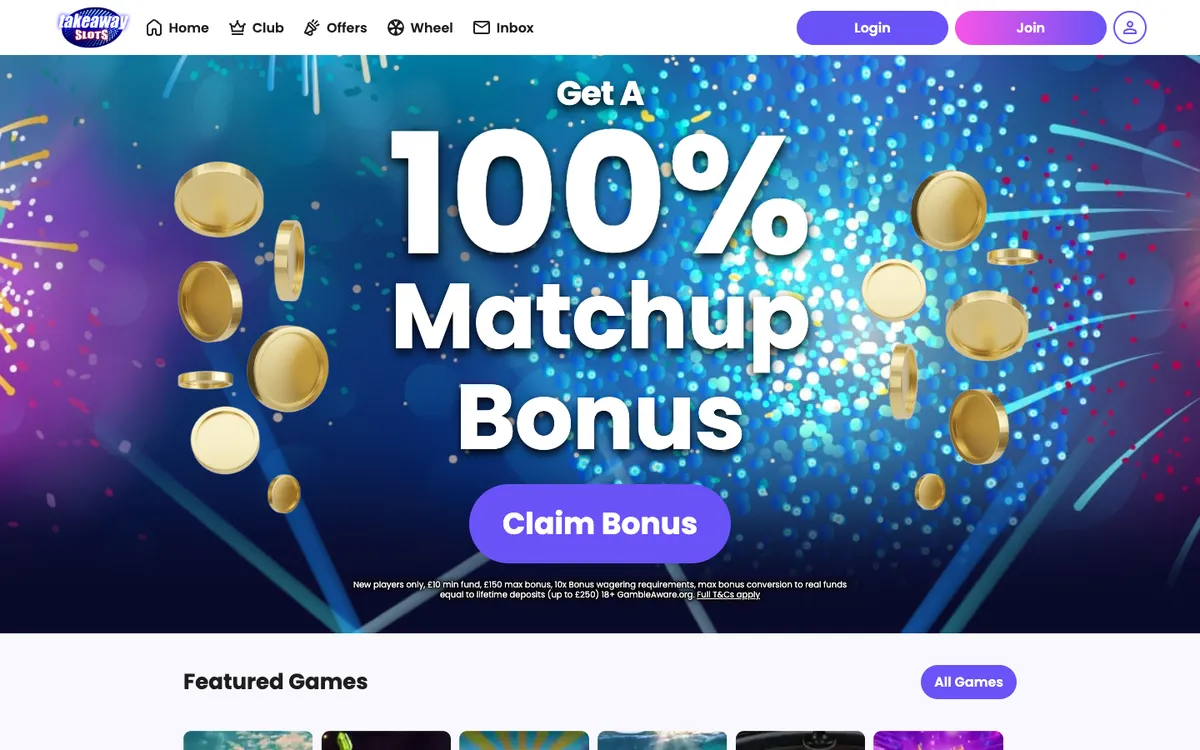 Takeaway Slots Casino — Home page, captured from United Kingdom