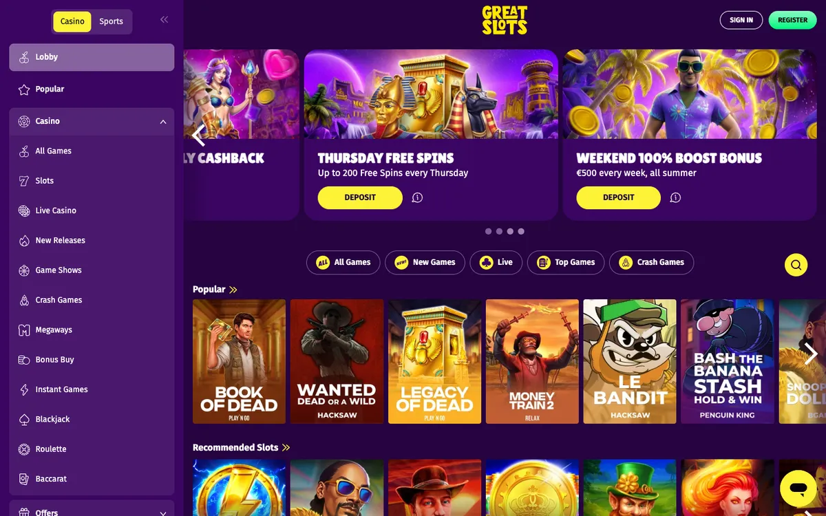 Great Slots Casino — Home page, captured from Austria