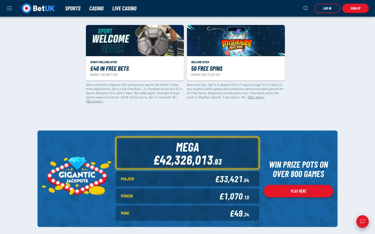 Bet UK Casino — Home page, captured from United Kingdom