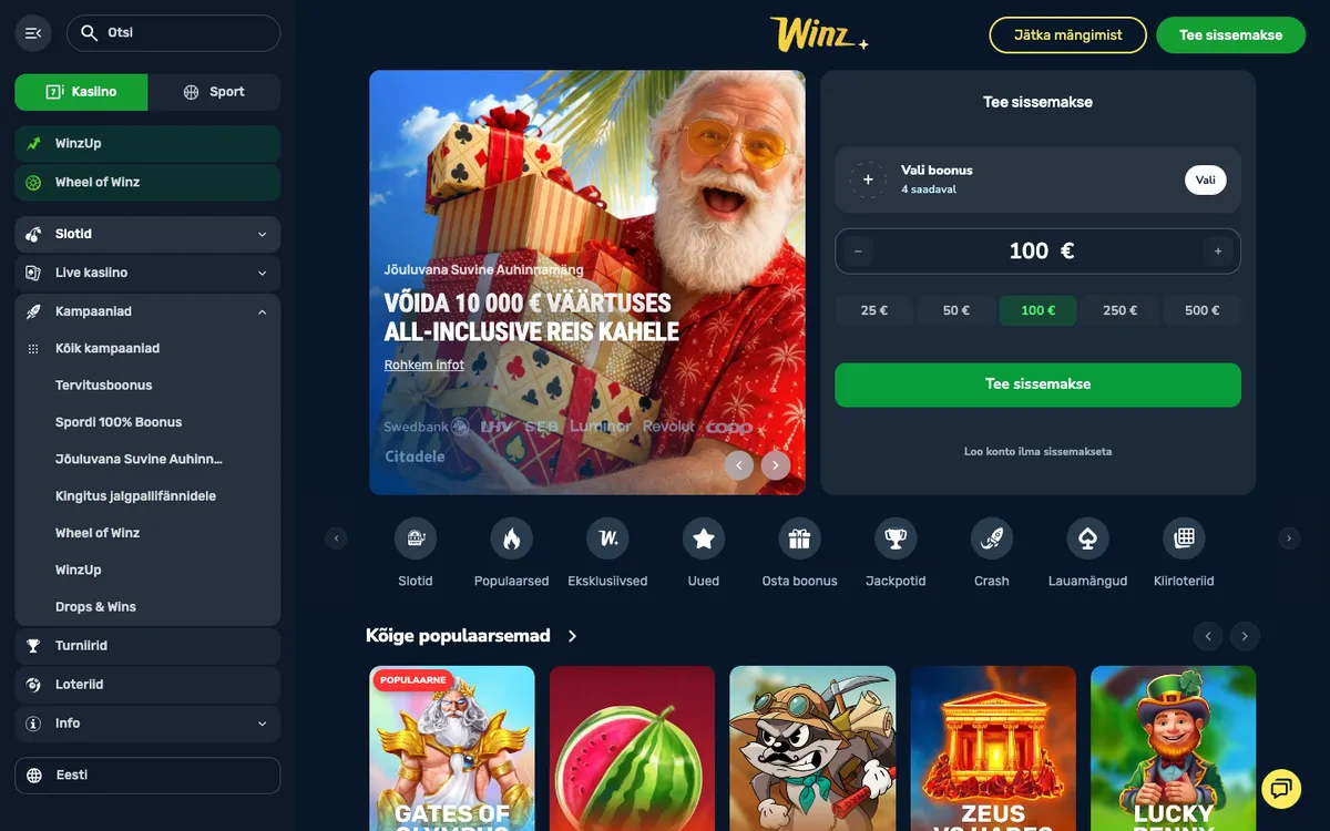 Winz.io Casino — Home page, captured from Estonia