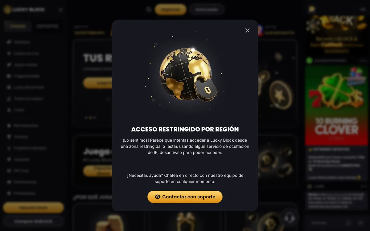 Lucky Block Casino — Home page, captured from Spain