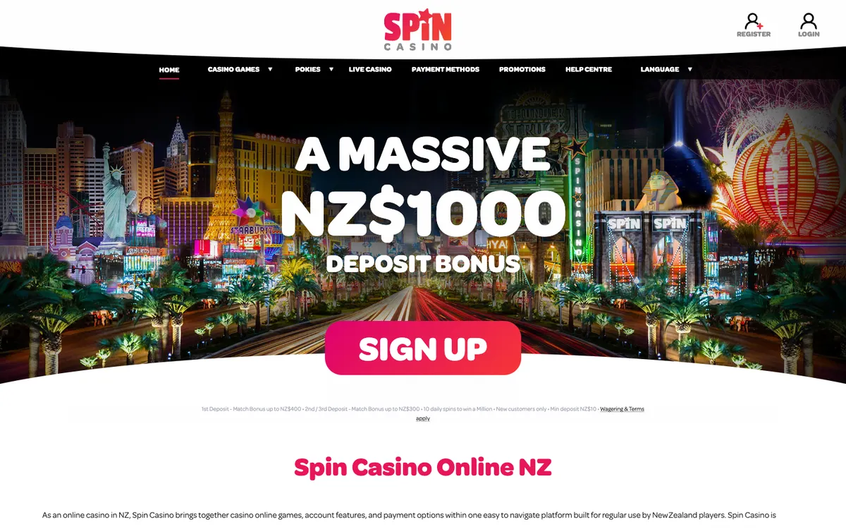 Spin Casino — «Главная», снято из страны Новая Зеландия