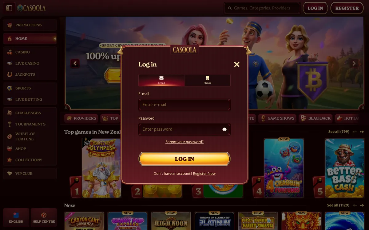 CasoolaCasino — «Регистрация», снято из страны Новая Зеландия