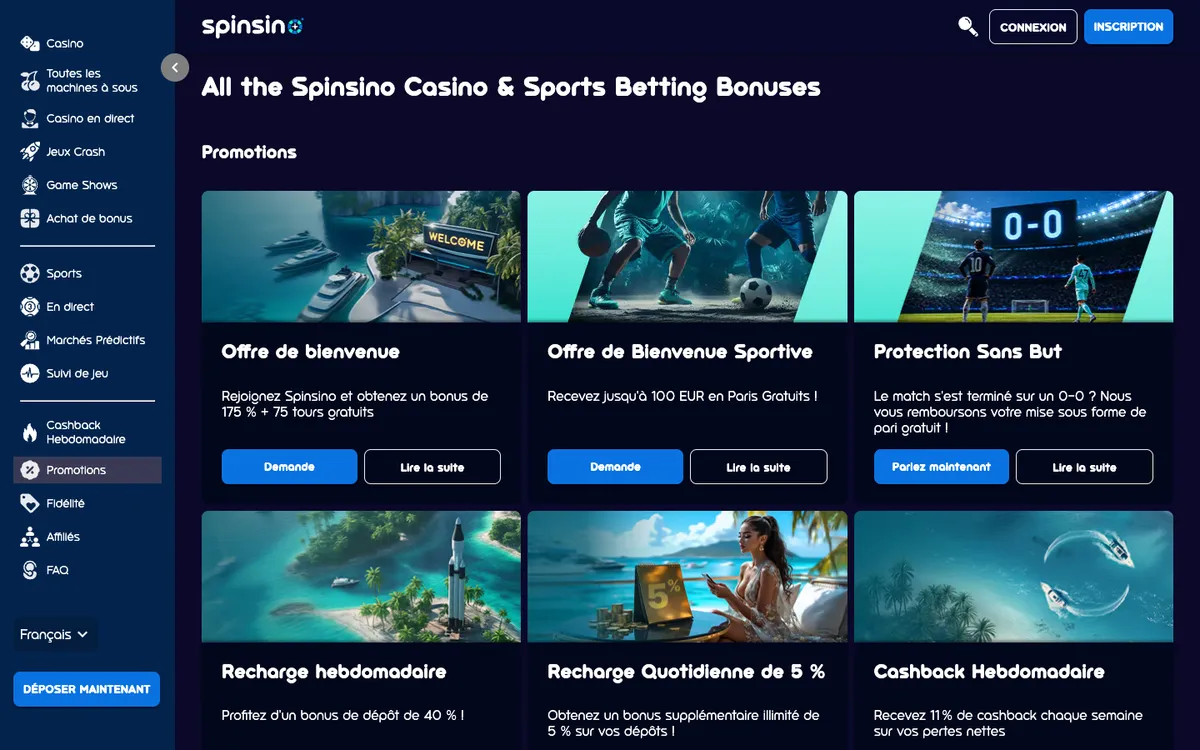 Spinsino Casino — «Акции», снято из страны Франция