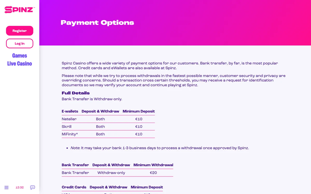 Spinz Casino — Payments, captured from Belgium
