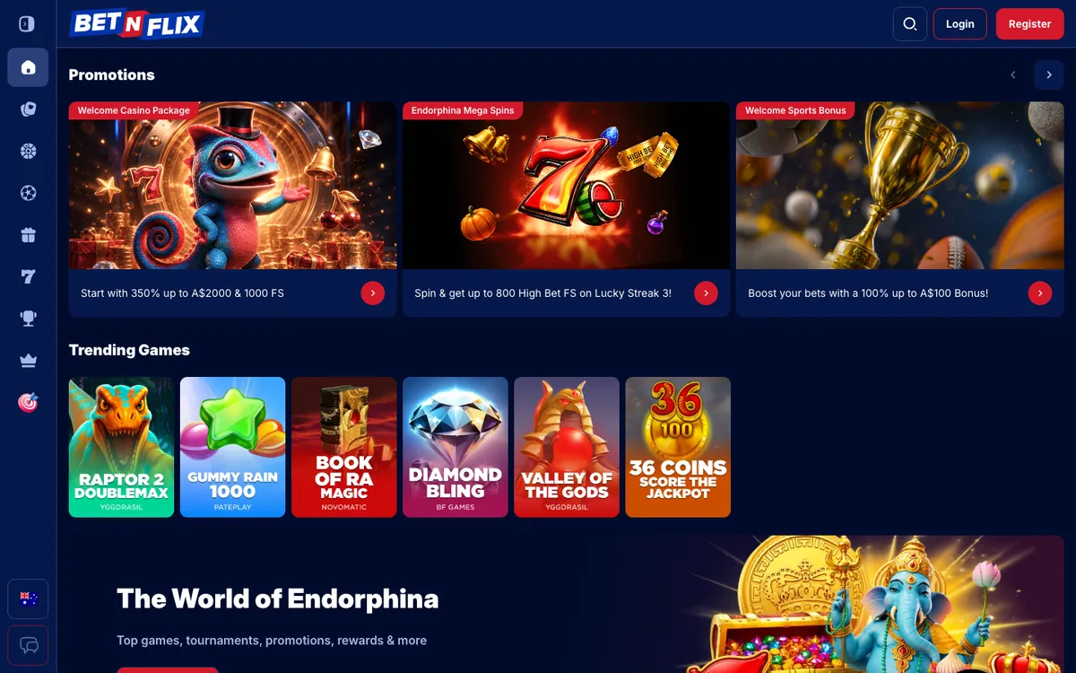 BetNFlix Casino — Home page, captured from Australia