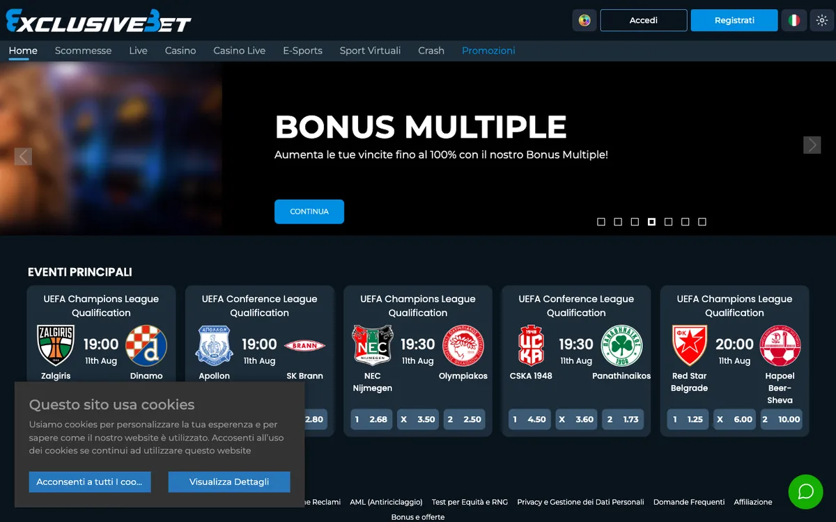 ExclusiveBet Casino — Home page, captured from Italy