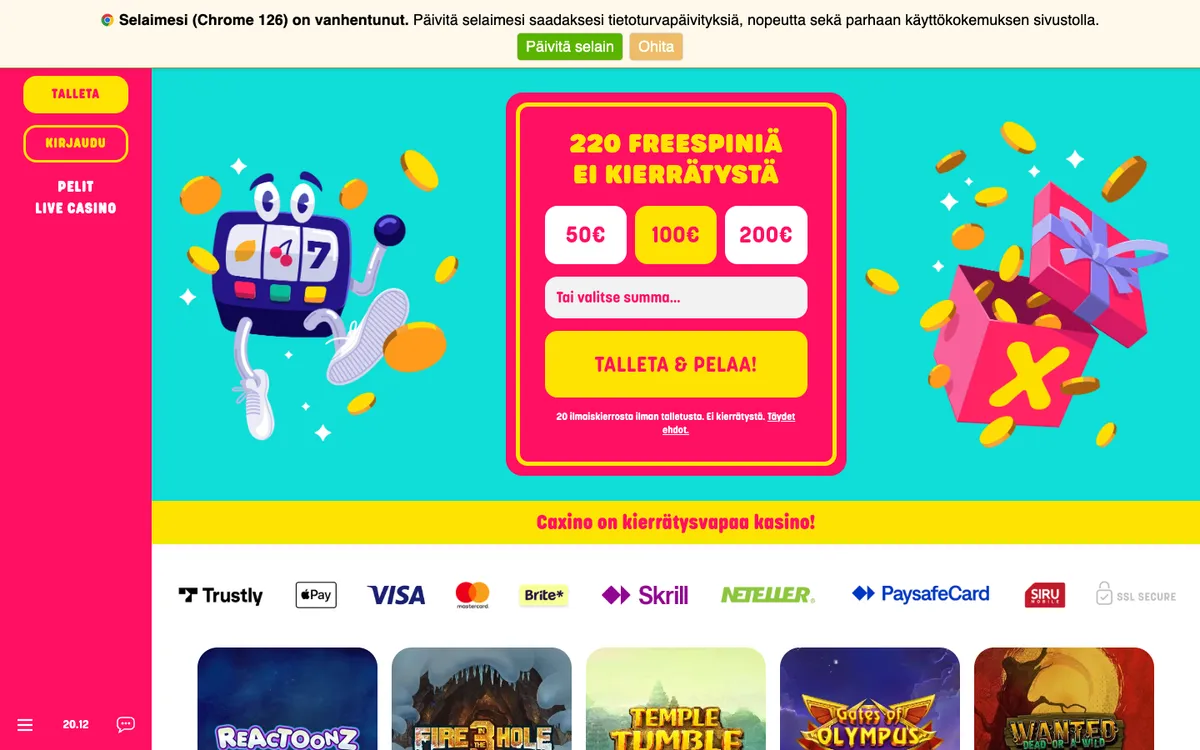Caxino Casino — Home page, captured from Finland