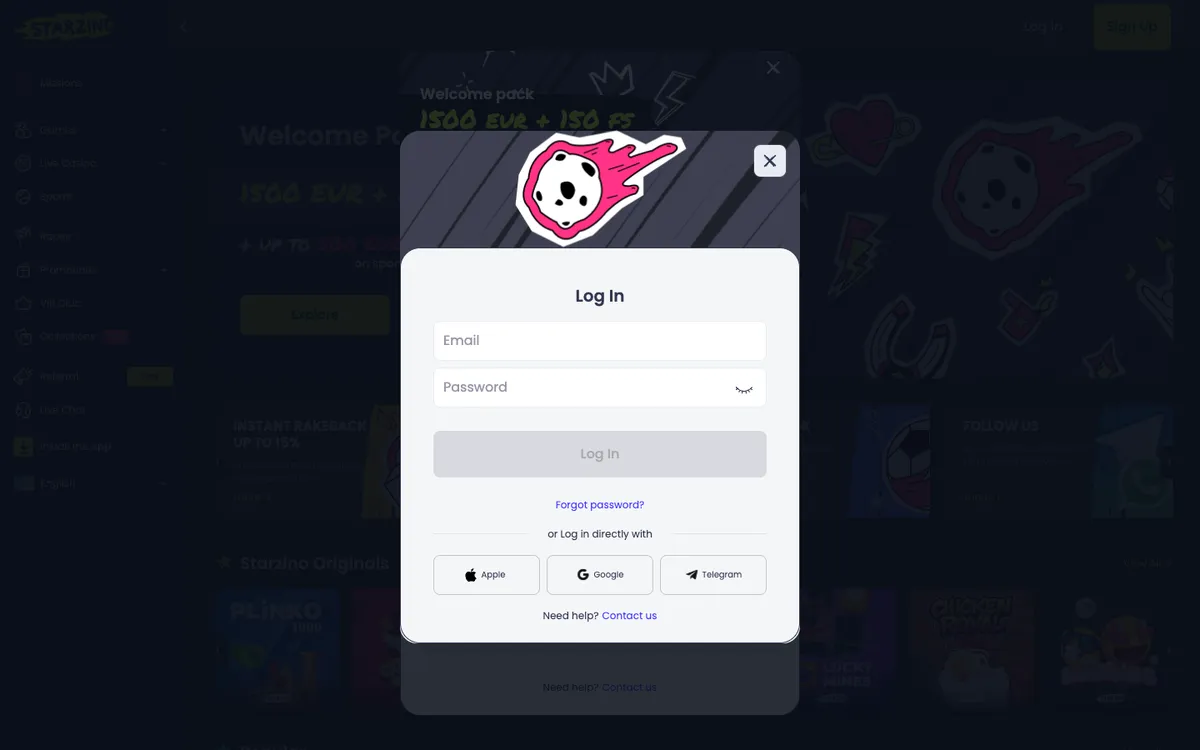 Starzino Casino — Sign-up, captured from Canada