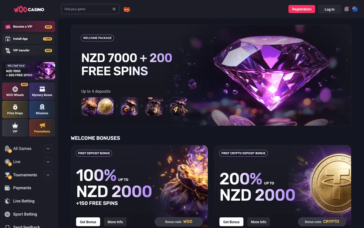 Woocasino — «Акции», снято из страны Новая Зеландия