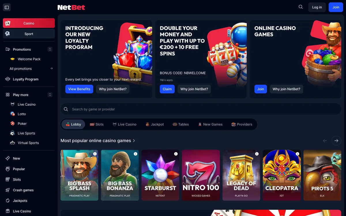 NetBet Casino — Home page, captured from Austria