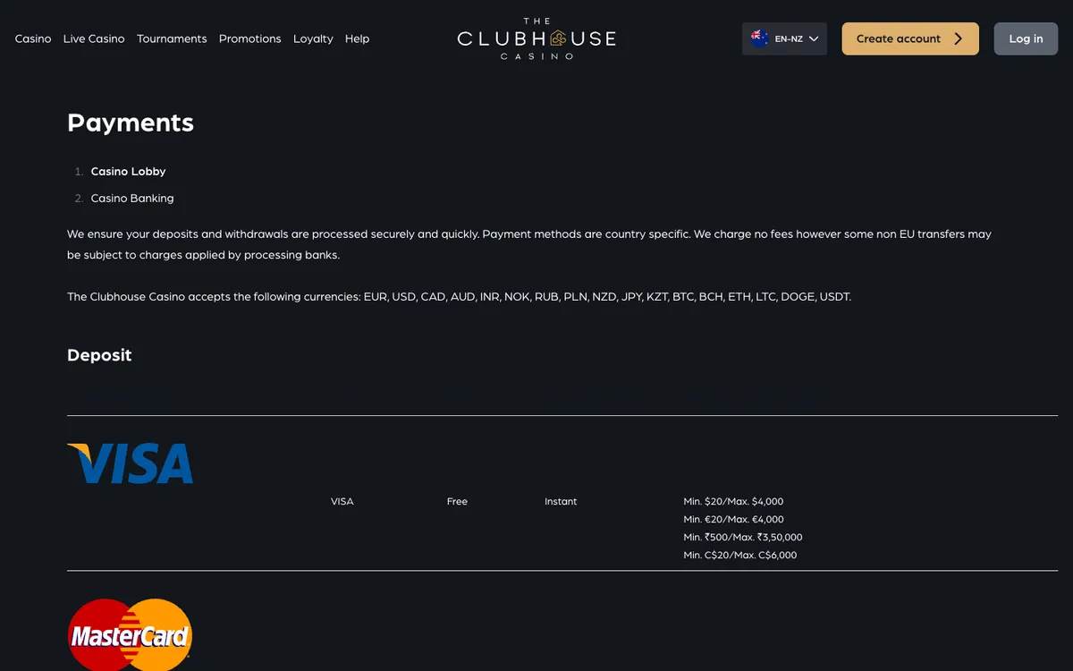 The ClubHouse Casino — Payments, captured from New Zealand