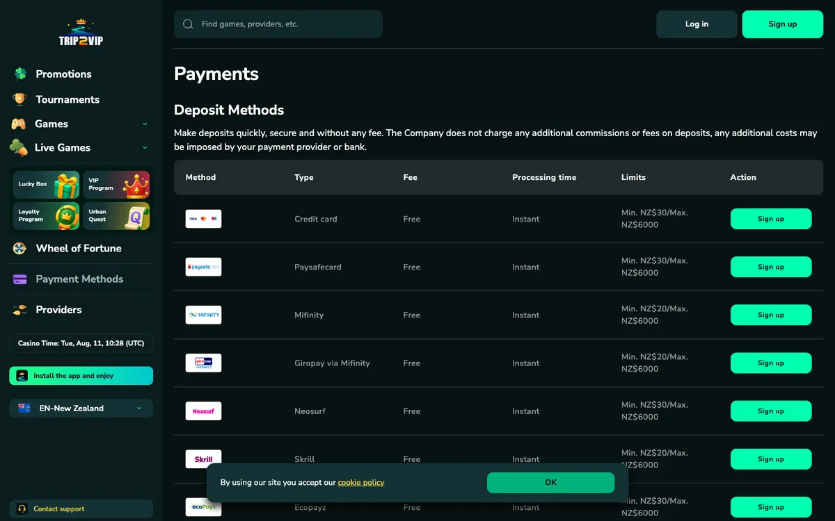 Trip2Vip Casino — «Платежи», снято из страны Новая Зеландия