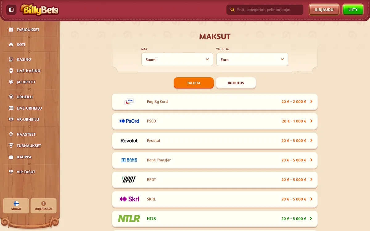 BillyBets Casino — Payments, captured from Finland