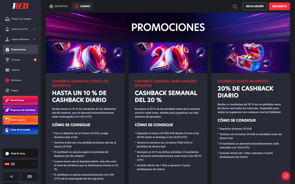 1Red Casino — «Акции», снято из страны Испания
