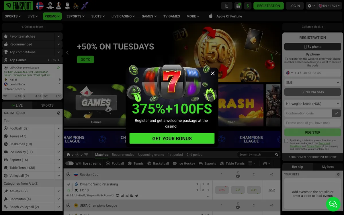 Fansport Casino — Home page, captured from Norway