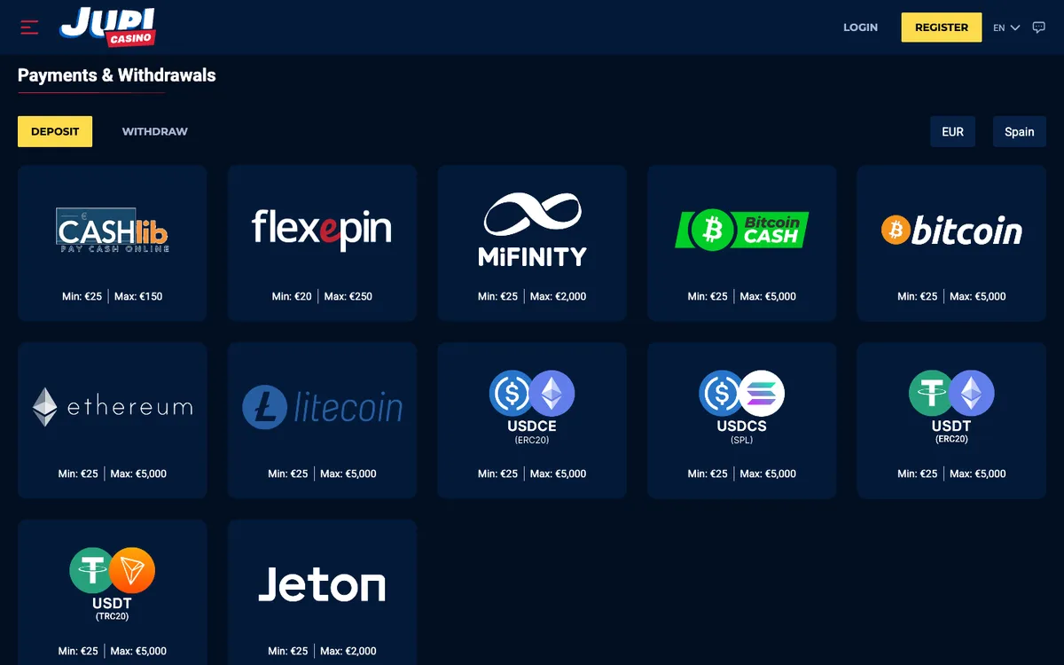 Jupi Casino — Payments, captured from Spain