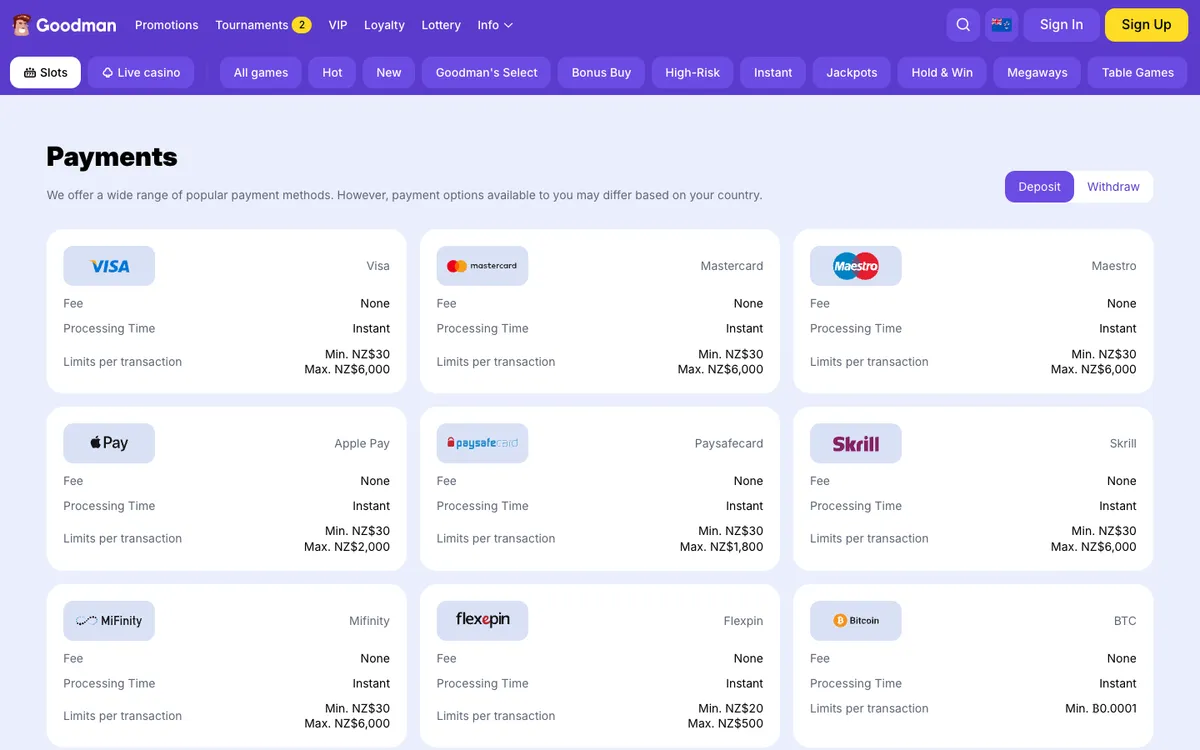 Goodman Casino — Payments, captured from New Zealand