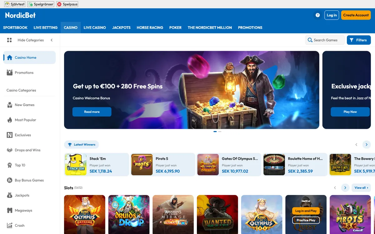NordicBet Casino — Home page, captured from Sweden