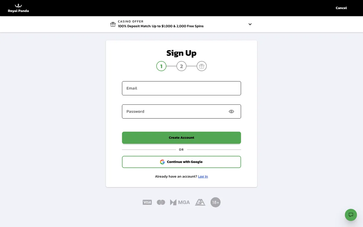Royal Panda Casino — Sign-up, captured from New Zealand