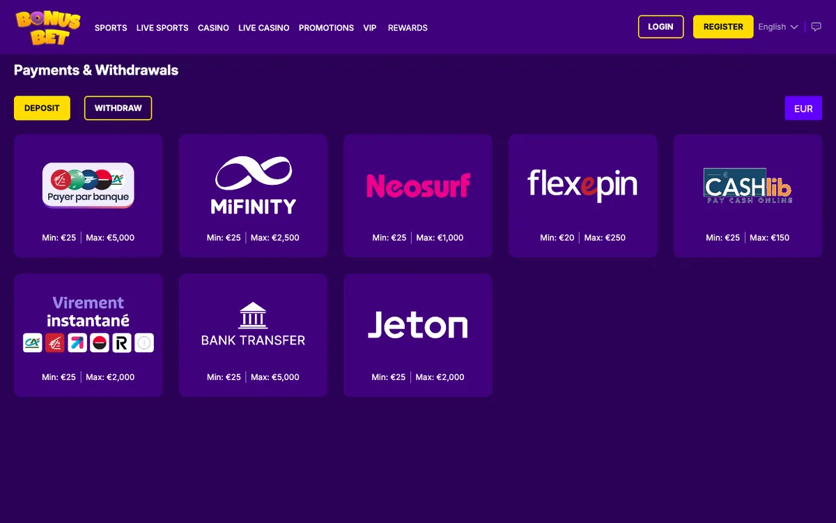 BonusBet Casino — Payments, captured from France
