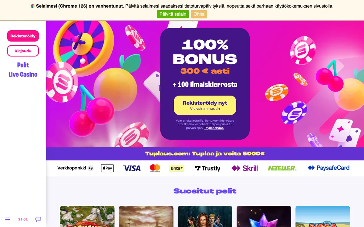 Spinz Casino — Home page, captured from Finland
