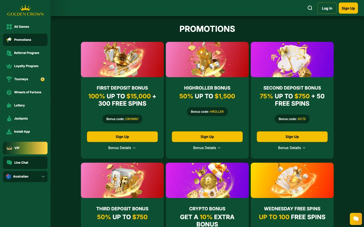 Golden Crown Casino — Promotions, captured from Australia