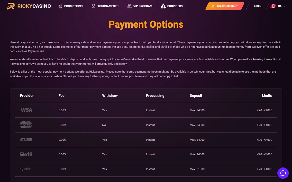 Rickycasino — Payments, captured from Canada