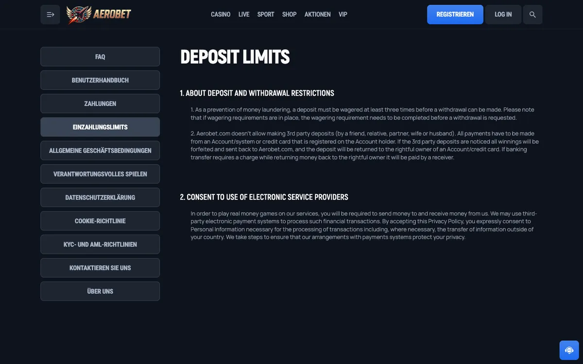 Aerobet Casino — Payments, captured from Switzerland