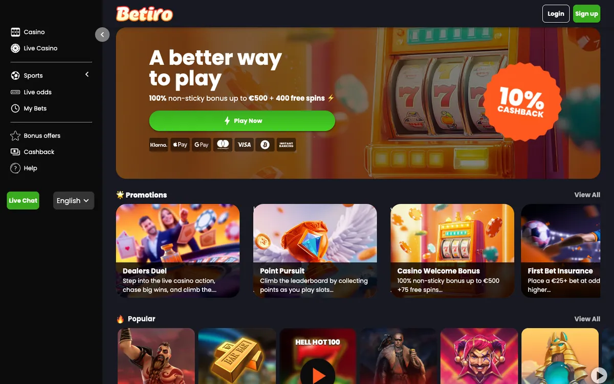 Betiro Casino — Home page, captured from Canada