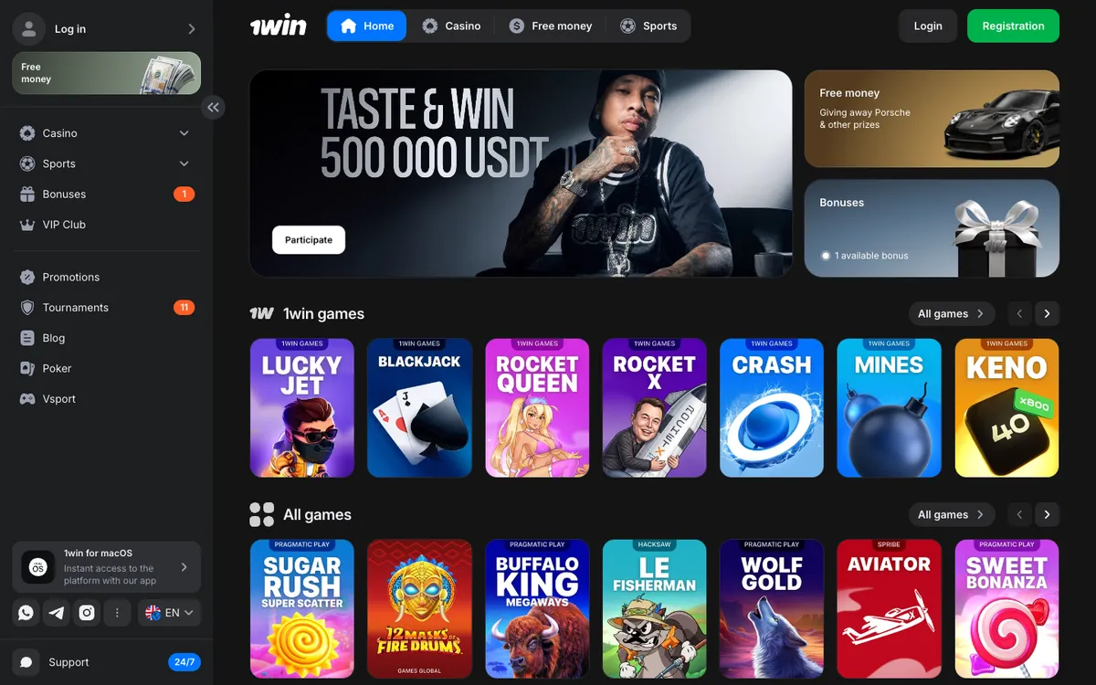 1win Casino — Home page, captured from Canada