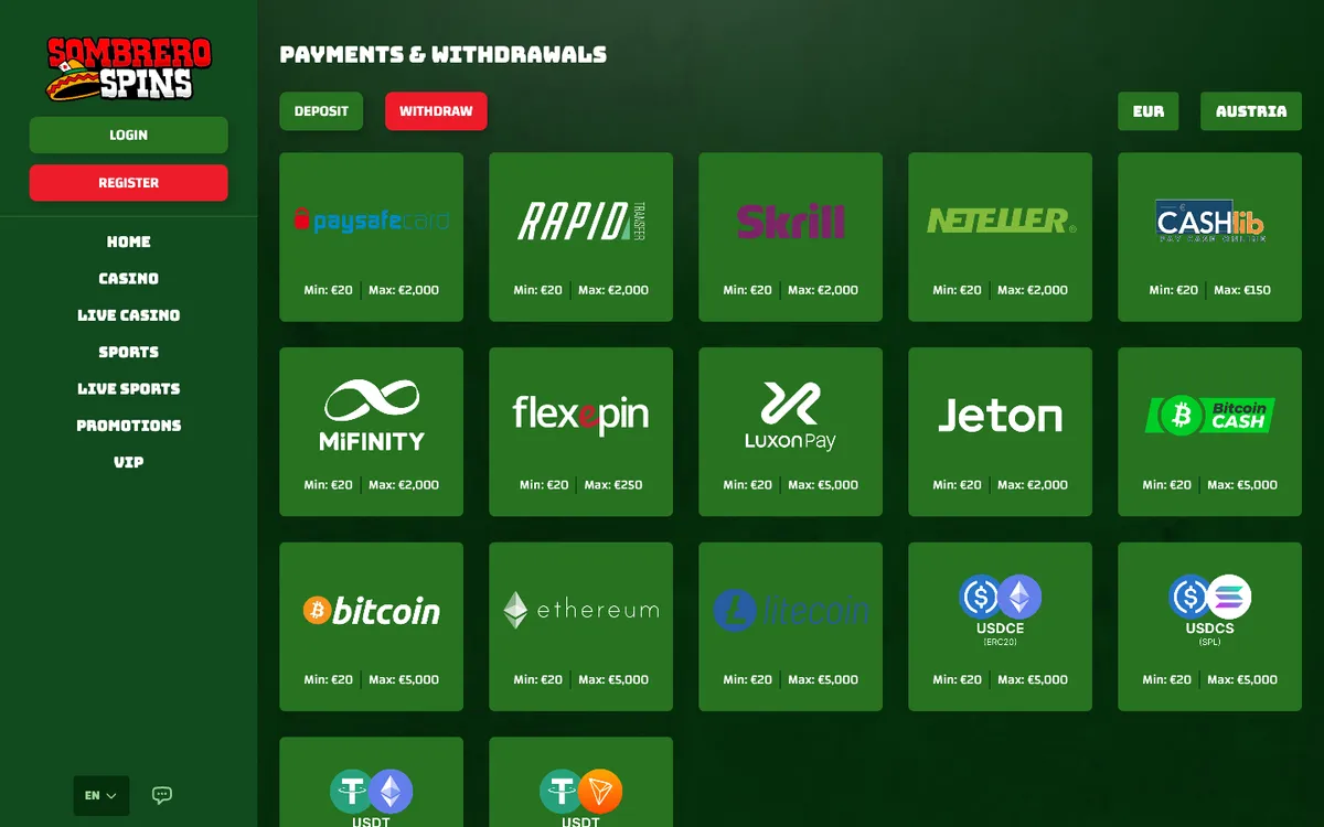 Sombrero Spins Casino — Payments, captured from Austria