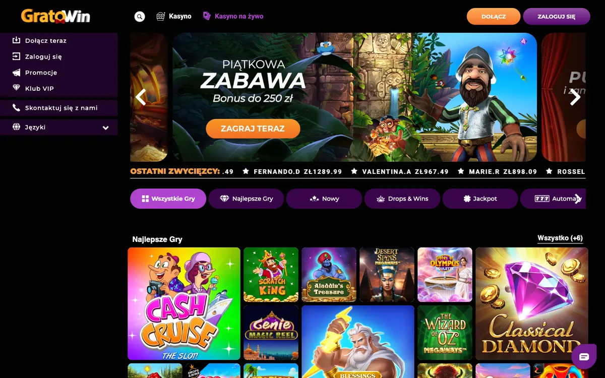 GratoWin Casino — Home page, captured from Poland