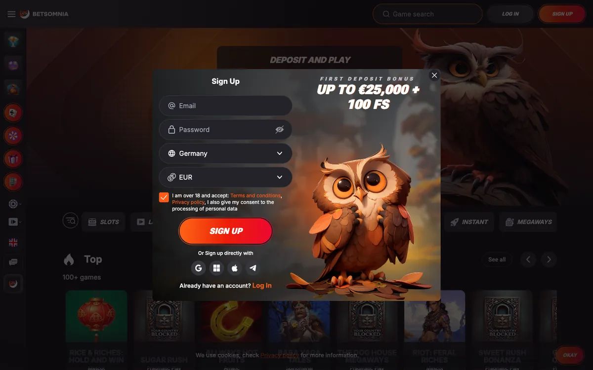 Betsomnia Casino — «Регистрация», снято из страны Германия