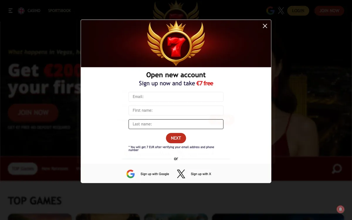 7Red Casino — Sign-up, captured from Slovenia