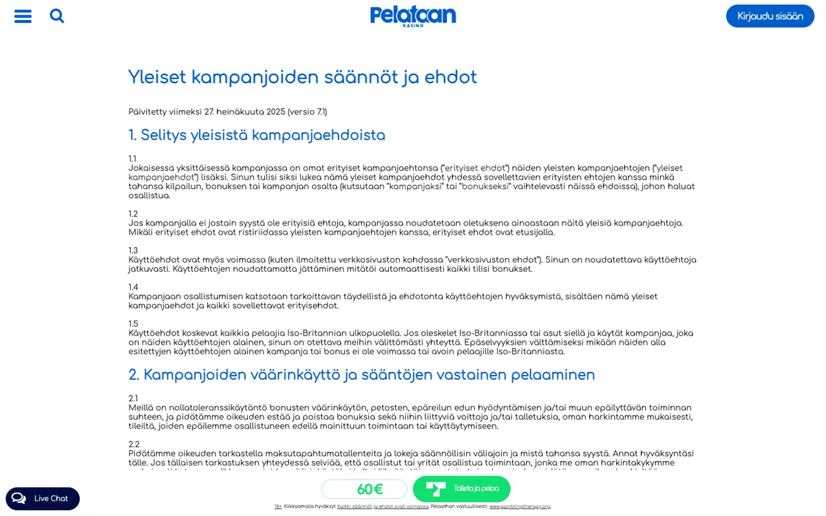 Pelataan Casino — Promotions, captured from Finland