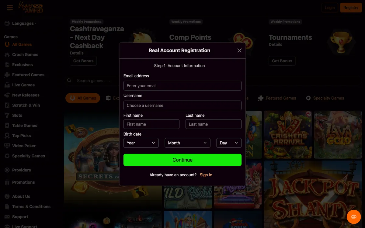 VegasAmped Casino — «Регистрация», снято из страны Австралия