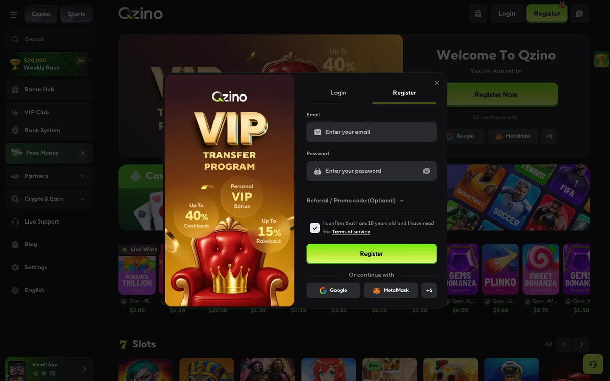 Qzino Casino — Sign-up, captured from Belgium