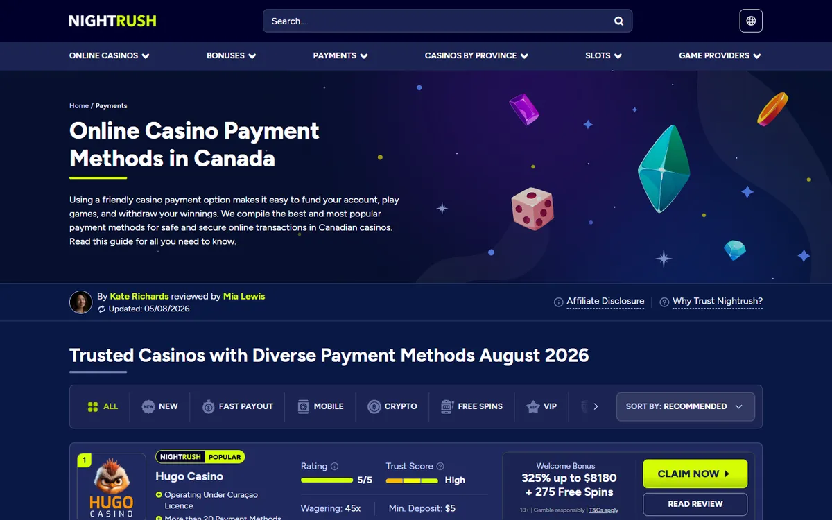 NightRush Casino — Payments, captured from Canada
